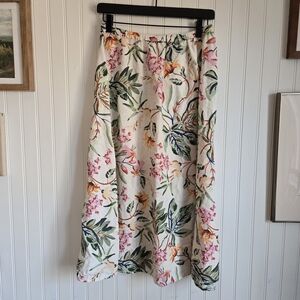 H&M Linen Blend Tropical Floral A-Line Midi Skirt Beachy Resortwear